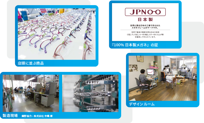 写真：店頭に並ぶ商品、100%日本性メガネの証、製造現場（撮影協力：株式会社中嶋様）、デザインルーム